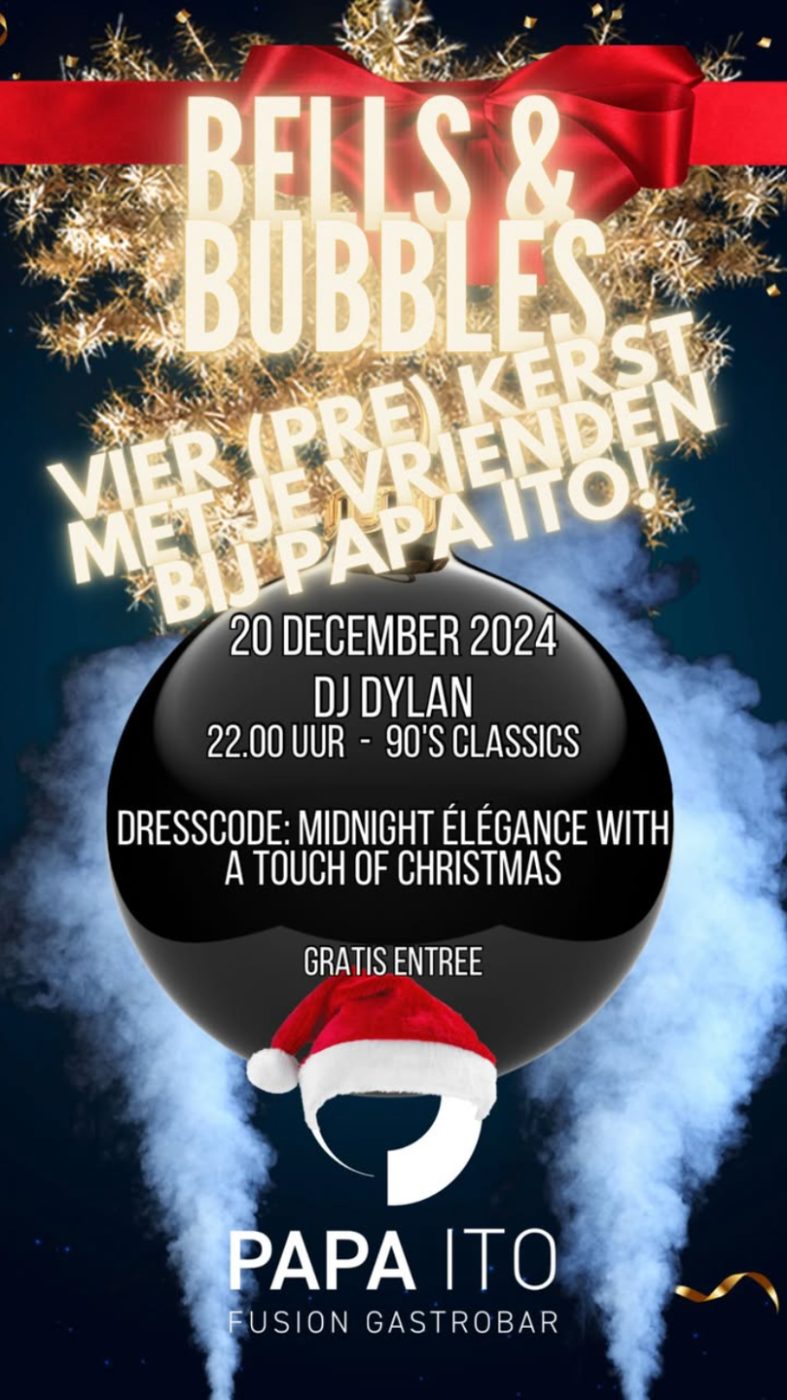 Flyer Bells and Bubbles kerstfeest bij Papa Ito op 20 december 2024