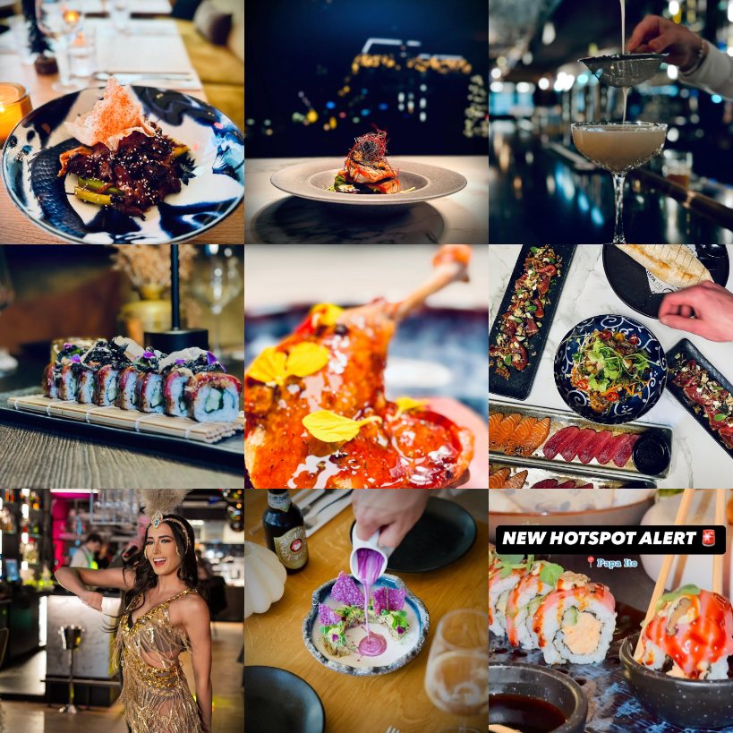 Collage van gerechten, cocktails en avonden uit het eerste jaar van Papa Ito