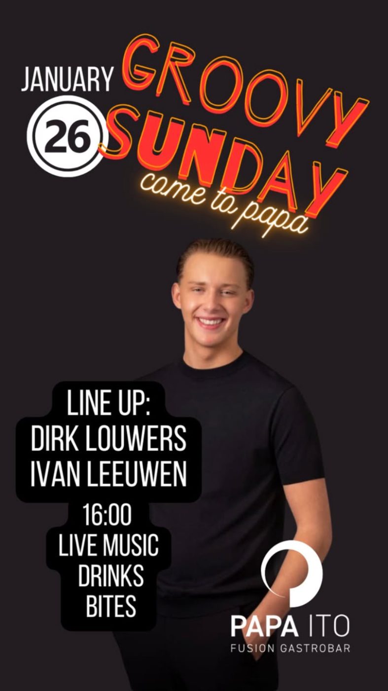 Flyer Groovy Sunday met live muziek bij Papa Ito