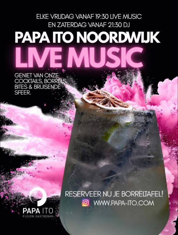 Flyer live music op vrijdag en DJ op zaterdag bij Papa Ito