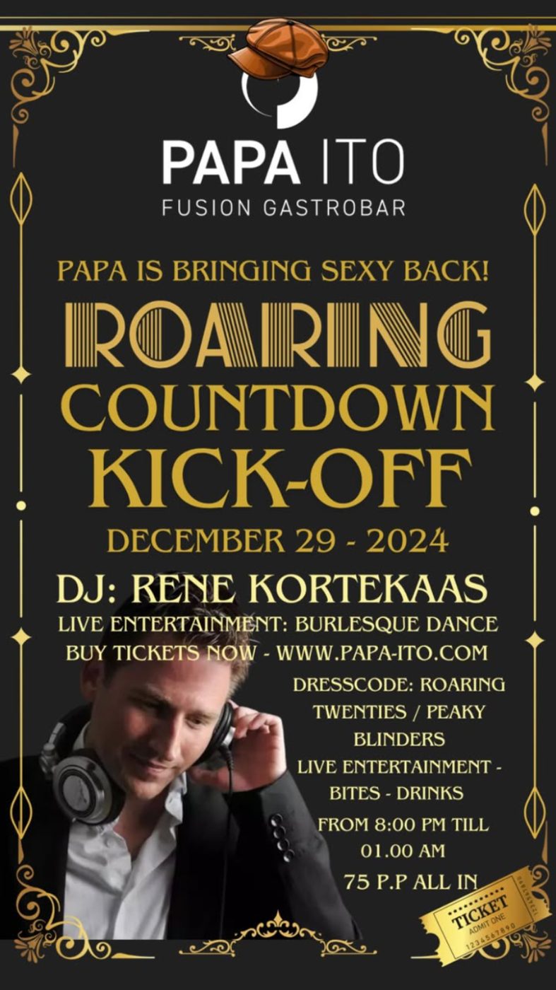 Flyer Roaring Countdown Kick Off bij Papa Ito op 29 december 2024